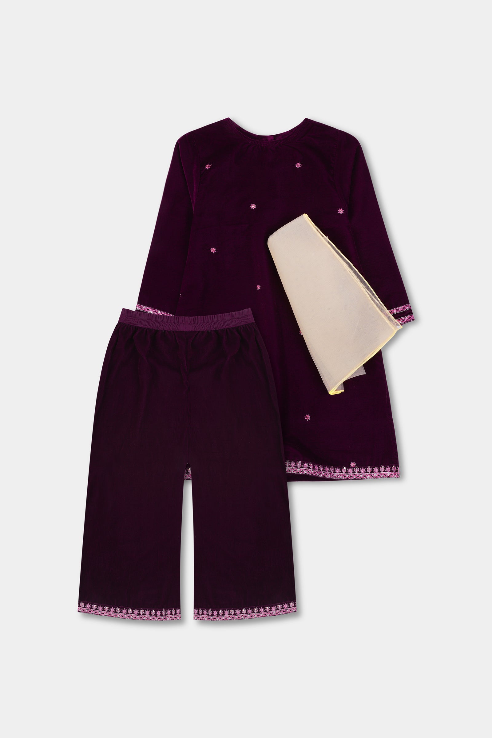 Girls' Royal Velvet Embroidered Kurta Set