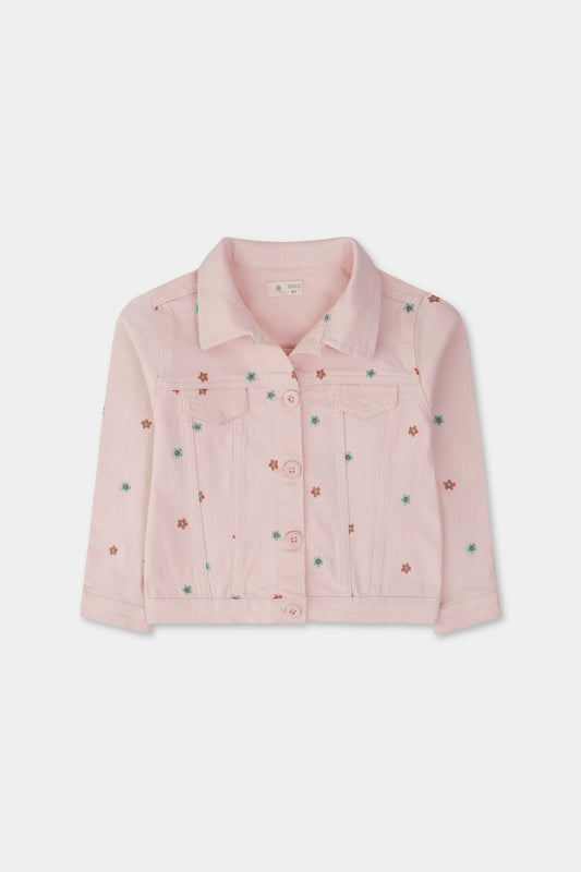 Girls Pink Embroidered Twill Jacket