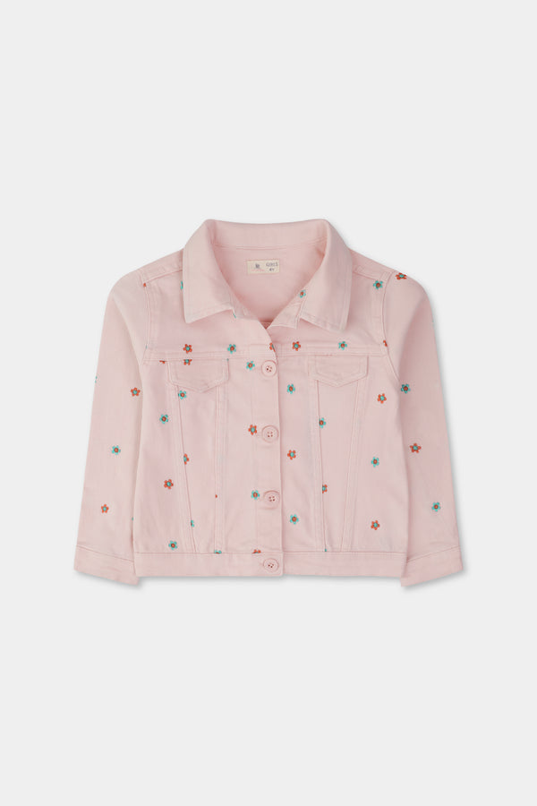 Girls Pink Embroidered Twill Jacket