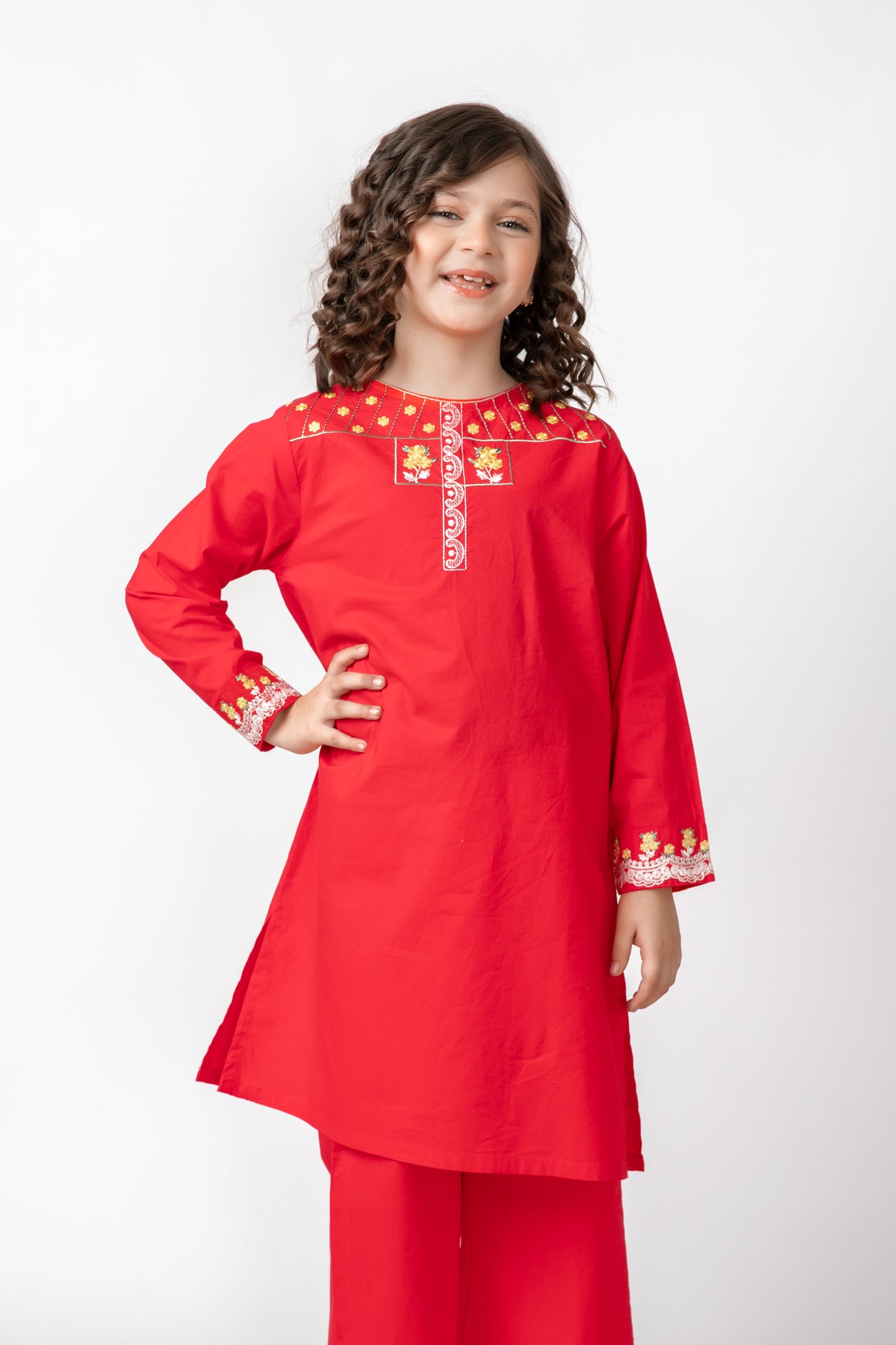 Classic Red Bloom Kurta Set - 2pc