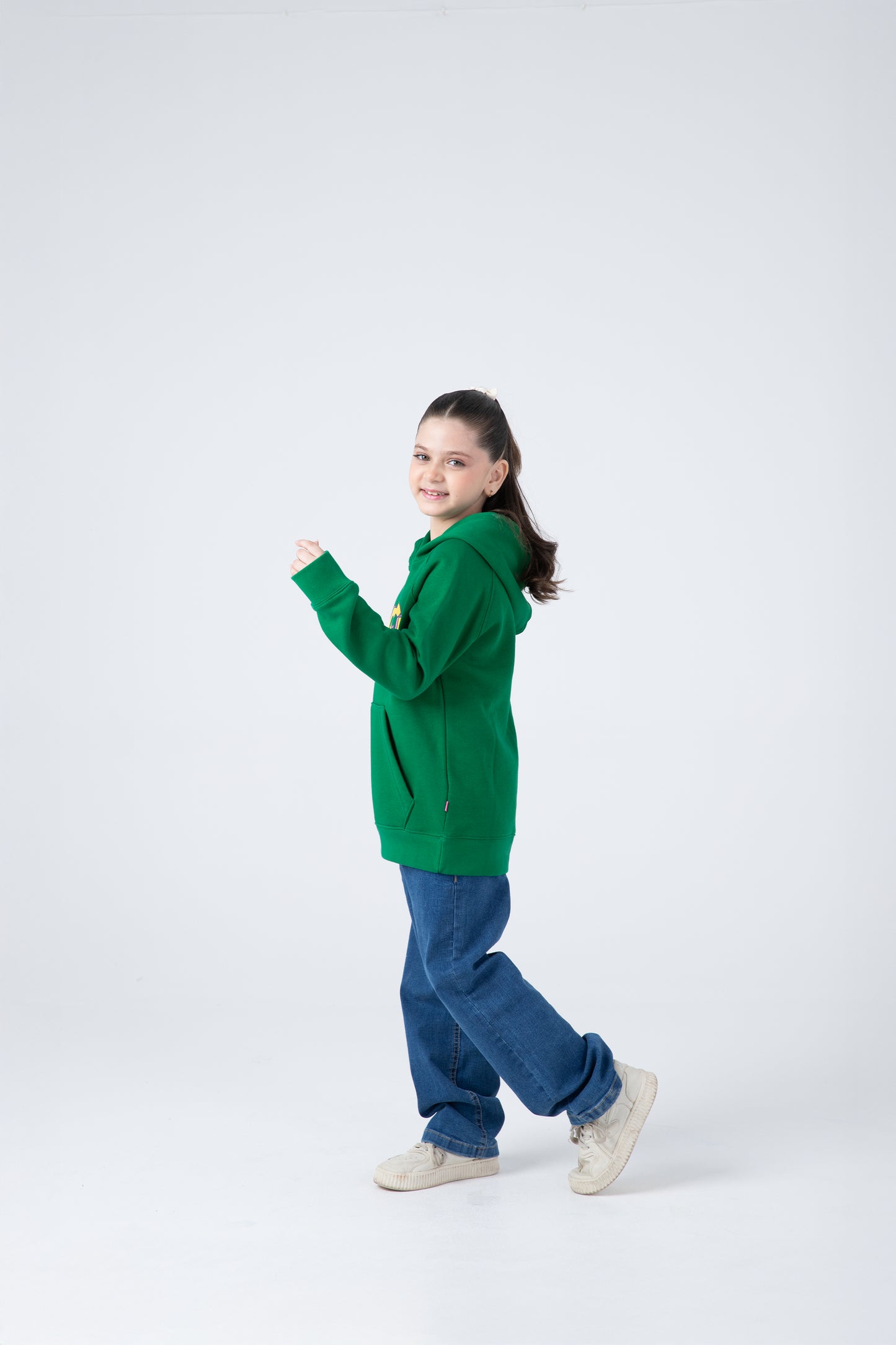 Girls Relaxed Fit Green Fleece Hoodie
