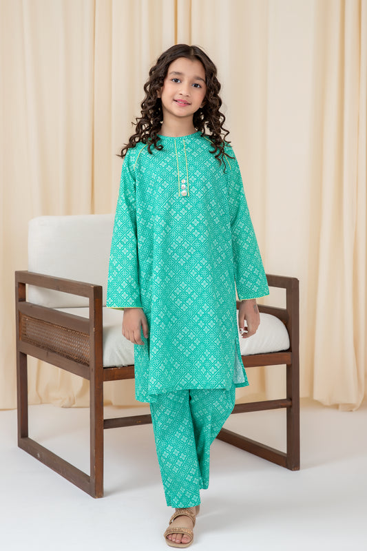 Green Printed Cotton Kurta Set - 2pc