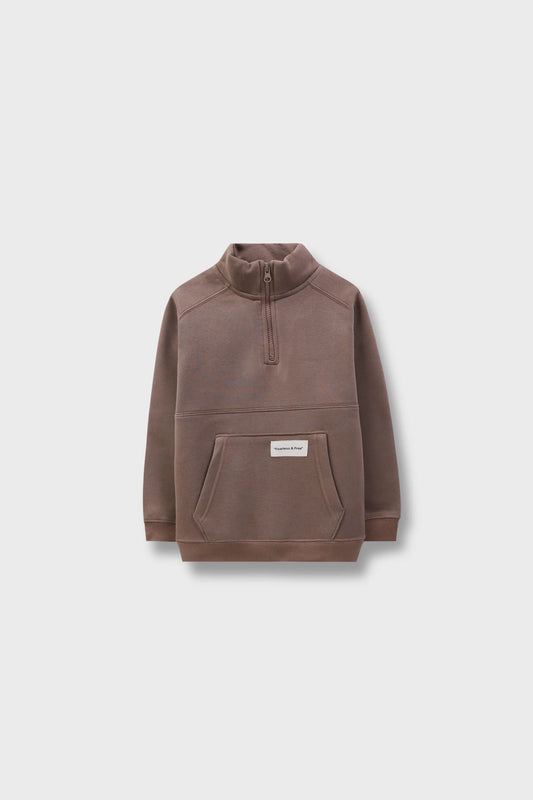Boys Khaki Mock Neck Half-Zipper