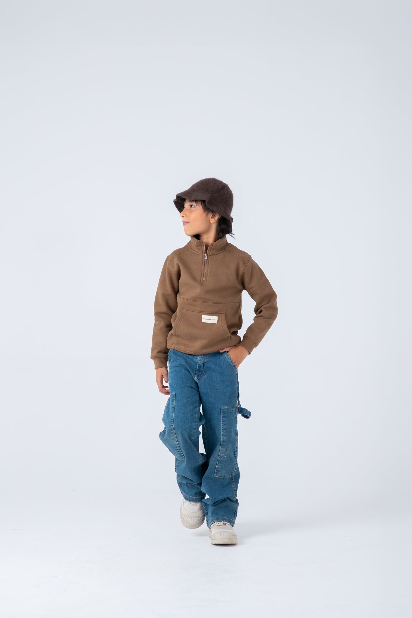 Boys Khaki Mock Neck Half-Zipper