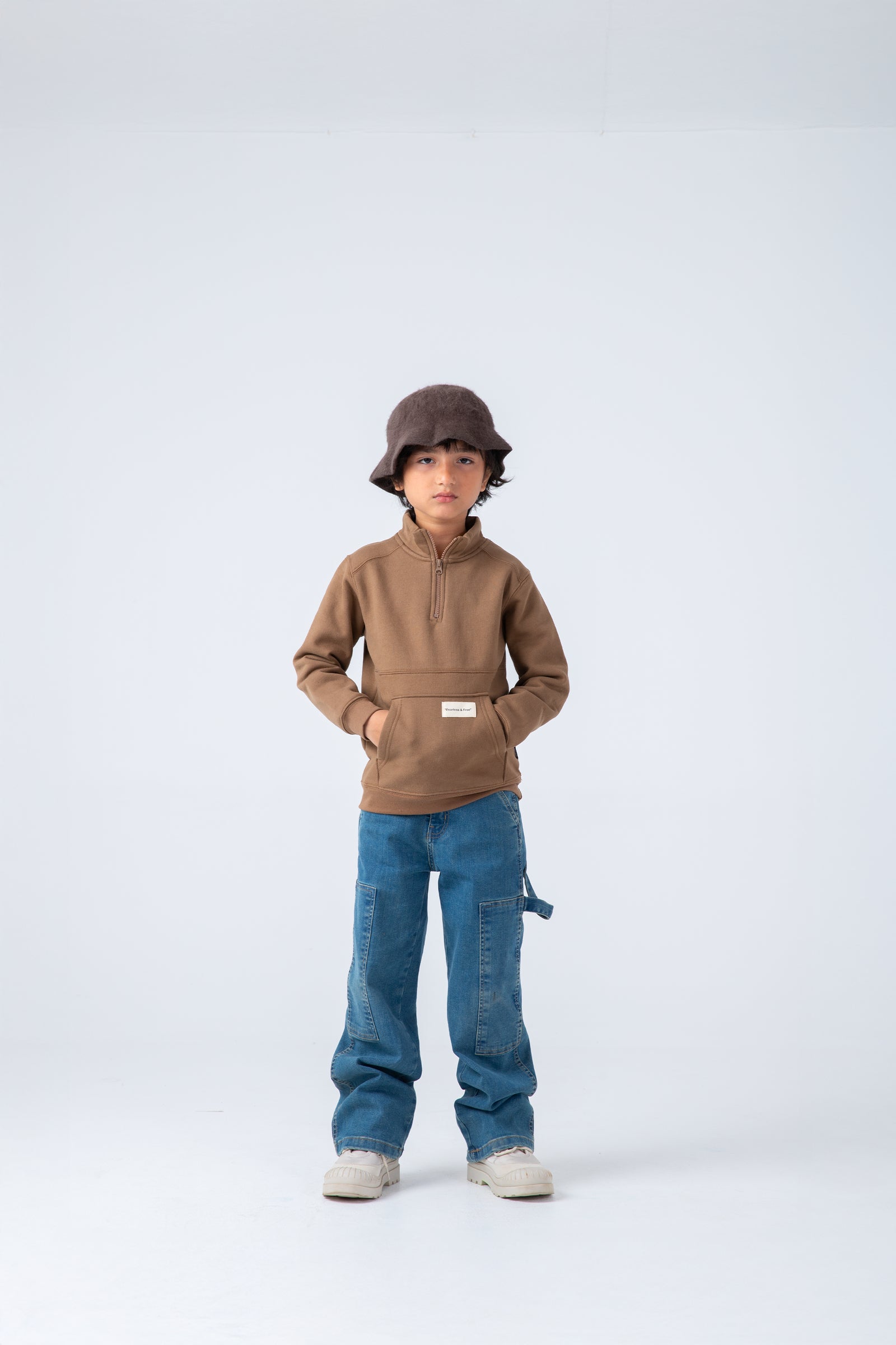 Boys Khaki Mock Neck Half-Zipper