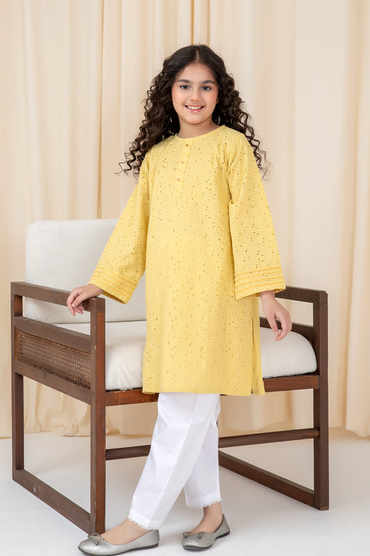 Girls Yellow Chikankari Kurta Shalwar Set - 2pc