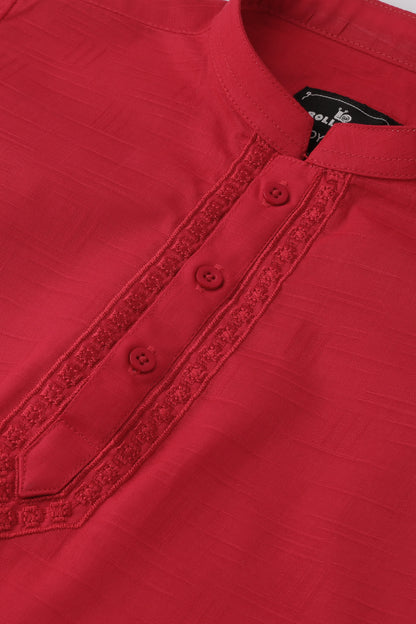 Boys Red Embroidered Cotton Kurta