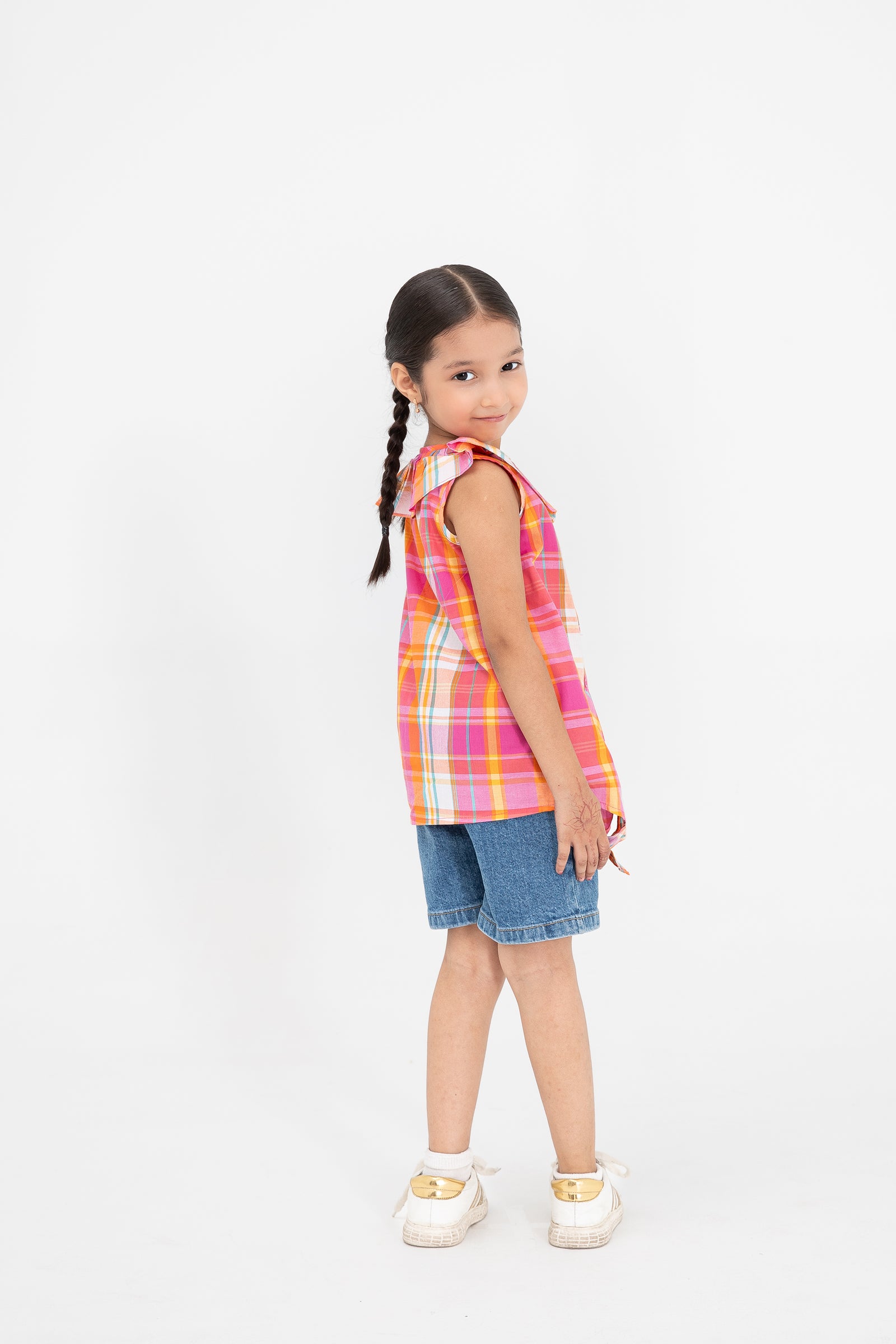 Orange Plaid Button-Down Top