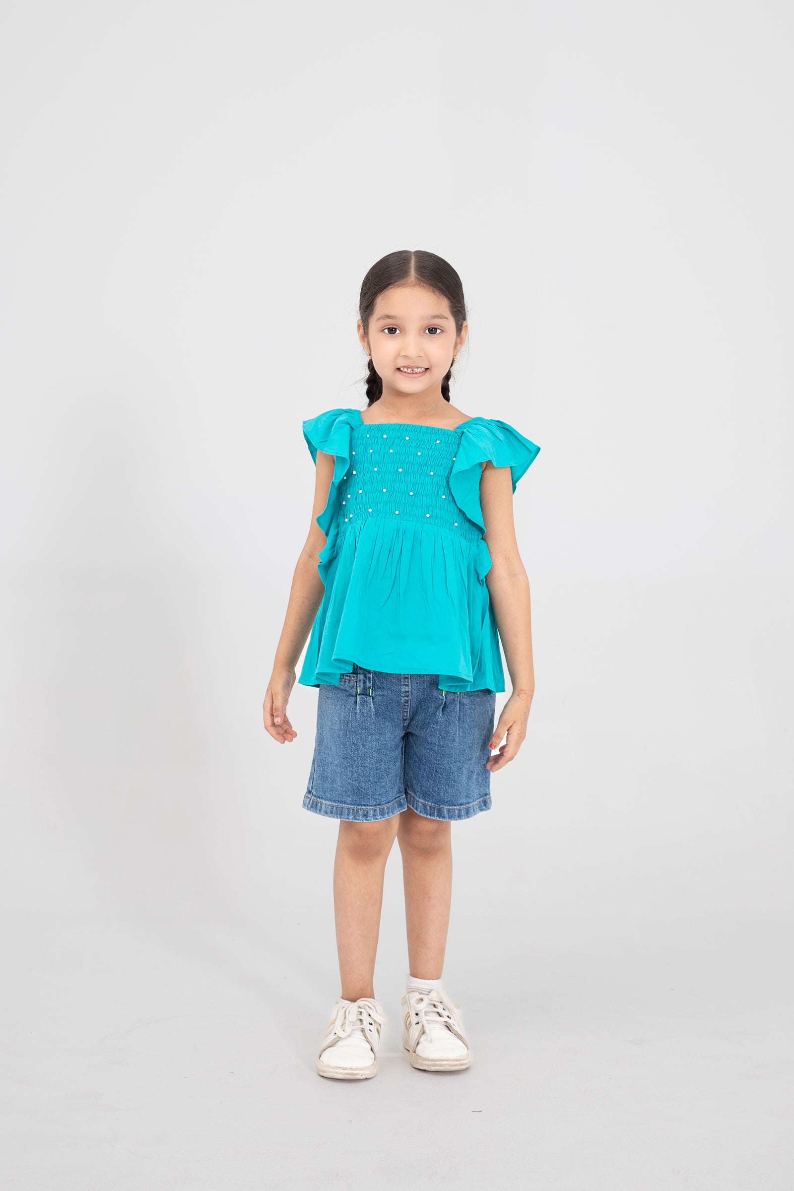 Green Pearl Embellished Smocked Top