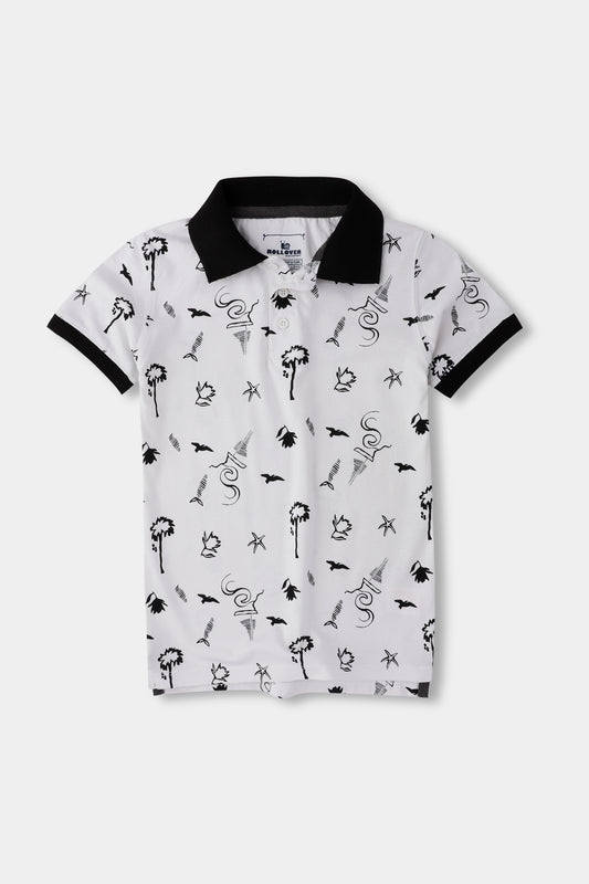 Boys White Tropical Printed Polo