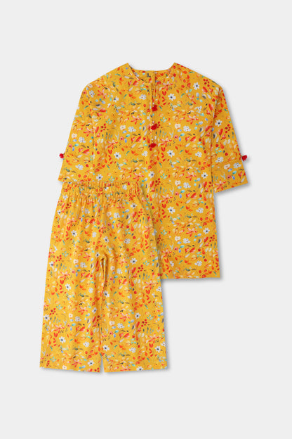 Yellow Floral Printed Kurta Set - 2pc