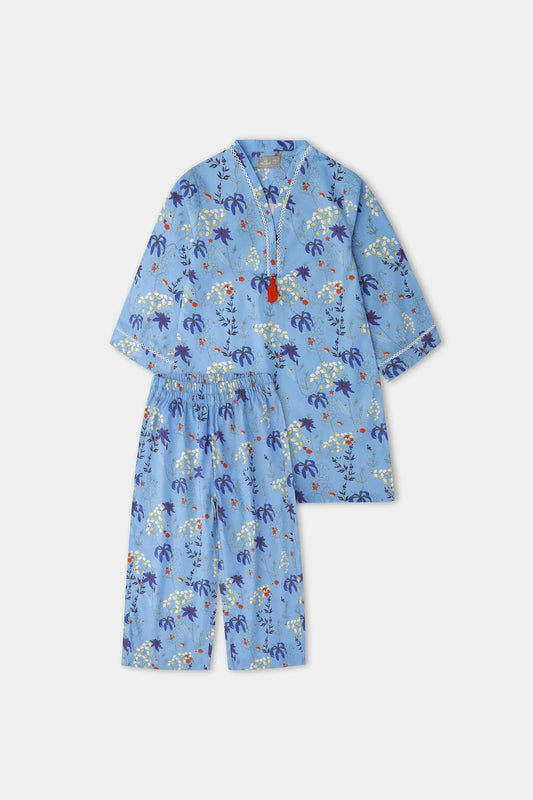 Girls' Blue Printed Kurta Set - 2pc