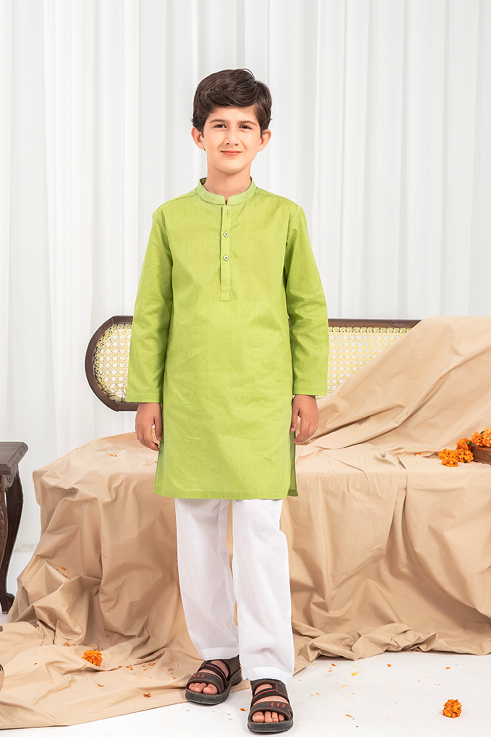 Green Jacquard Cotton Kurta