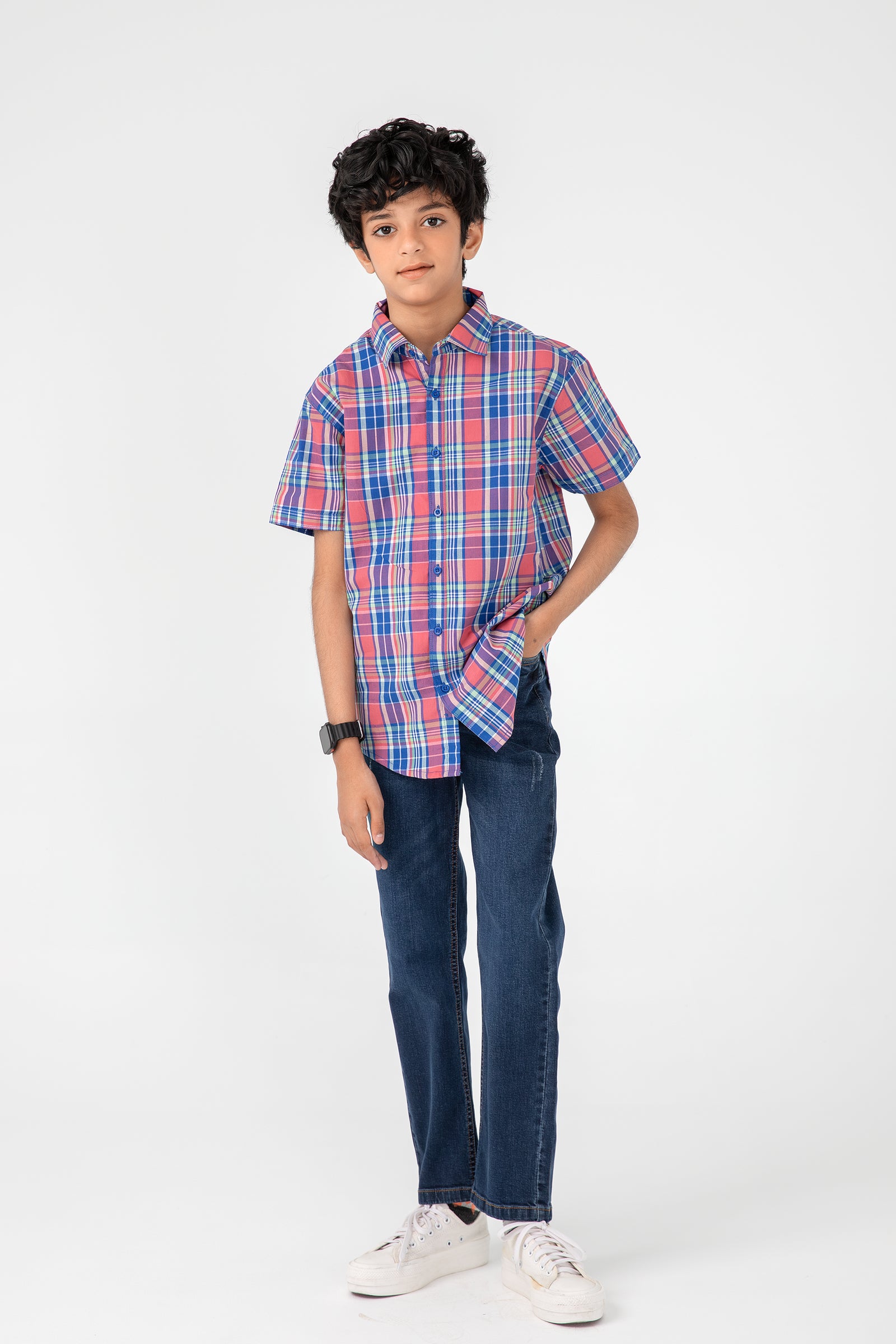 Boys Pink Checkered Cotton Shirt