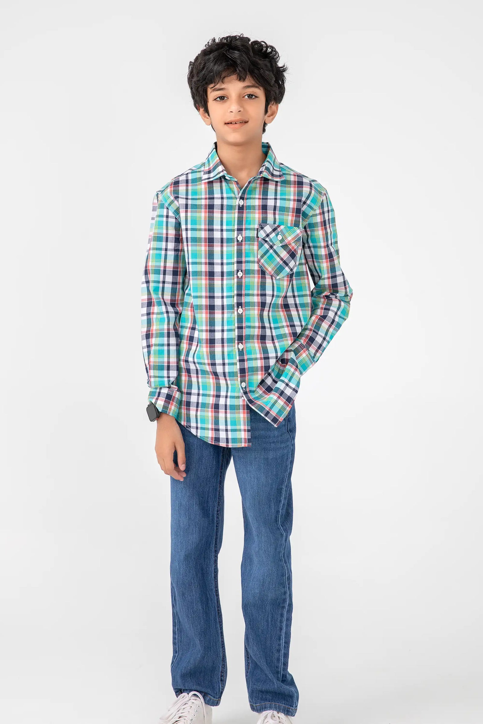 Boys Cyan Checkered Cotton Shirt