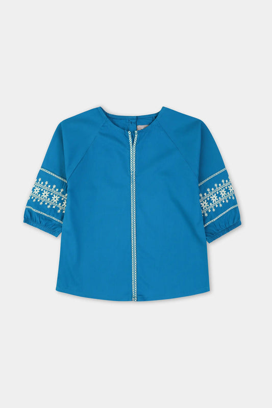 Girls' Blue Embroidered Raglan Top