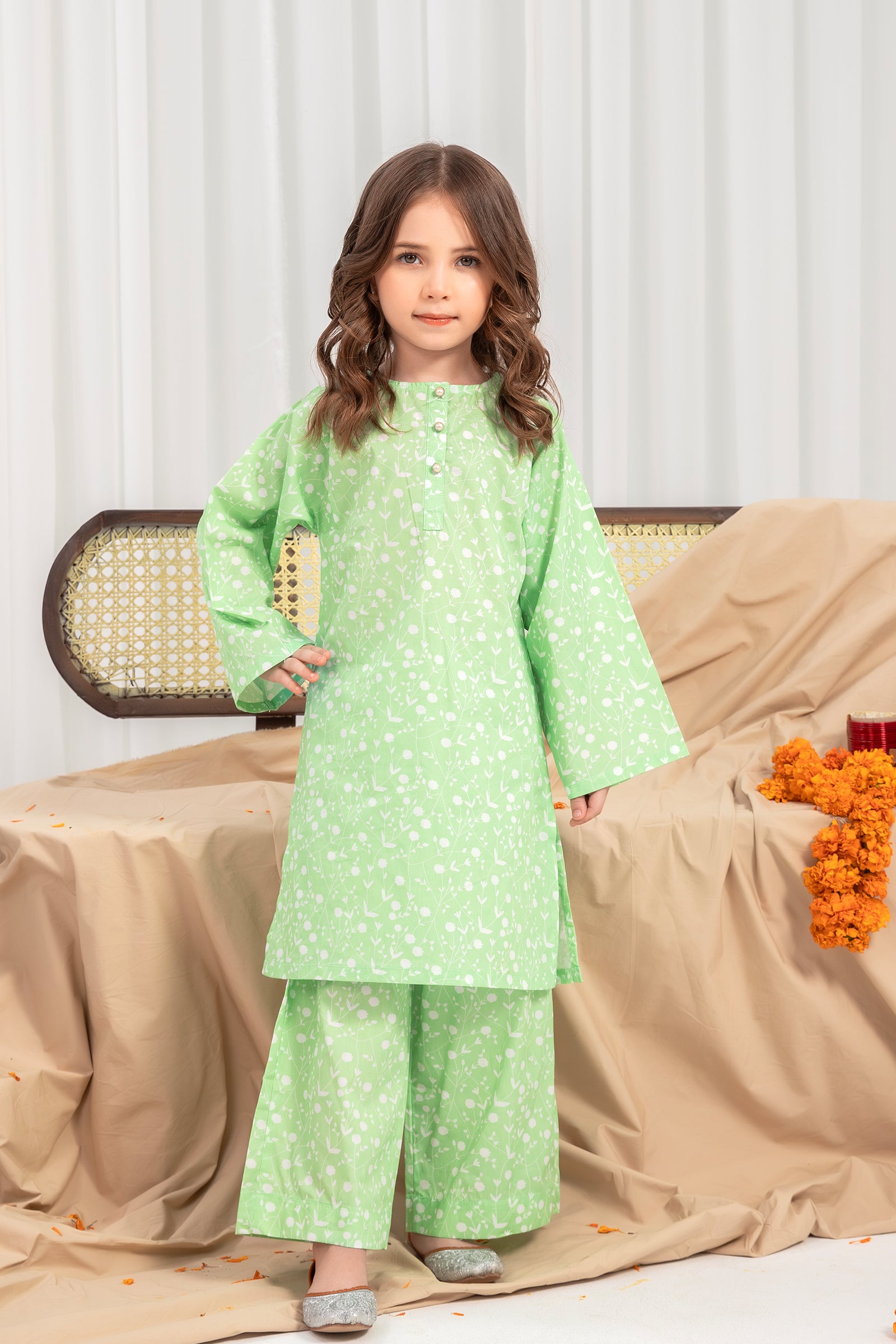 Green Printed Kurta Trouser Set - 2pc