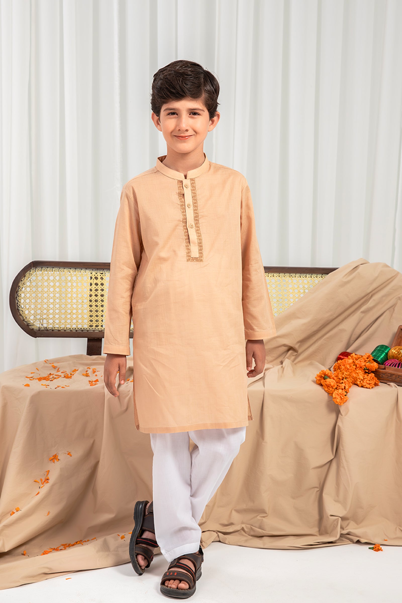 Beige Cotton Jacquard Embroidered Kurta