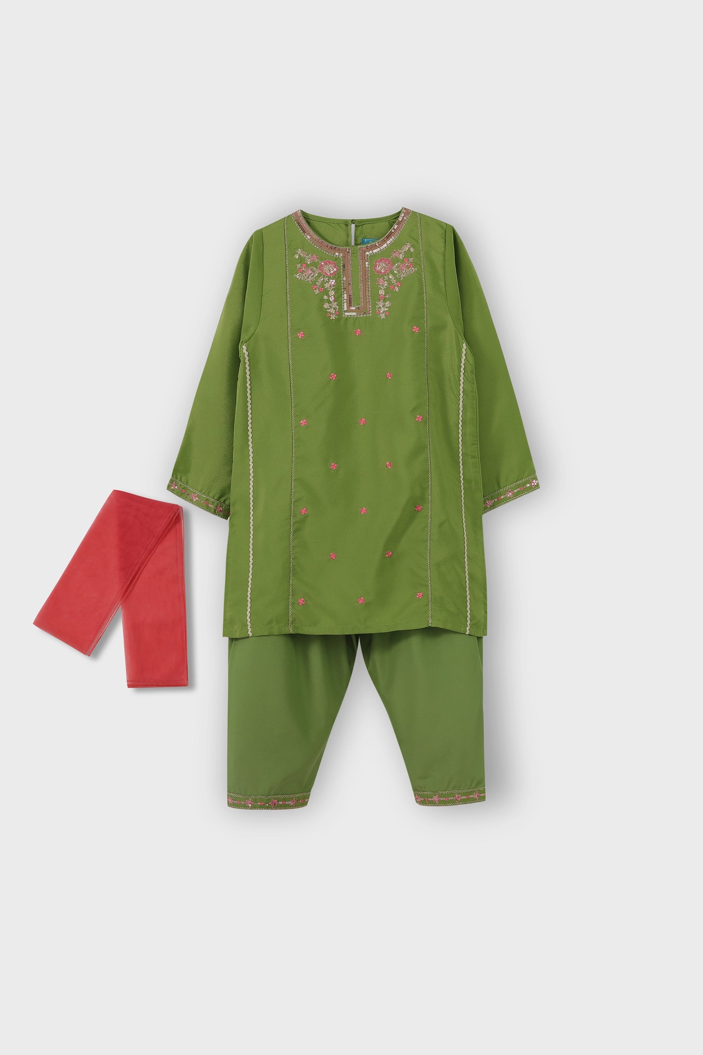Green Festive Kurta Shalwar Set - 3pc