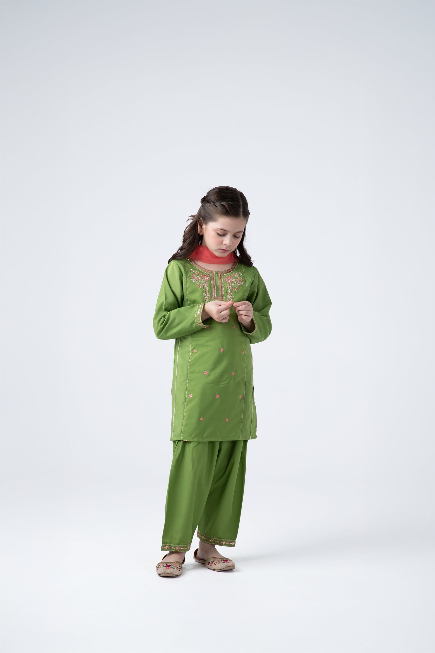 Green Festive Kurta Shalwar Set - 3pc