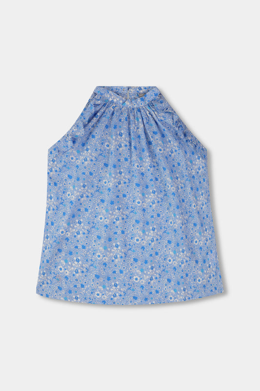 Blue Floral Printed Ruffle Top