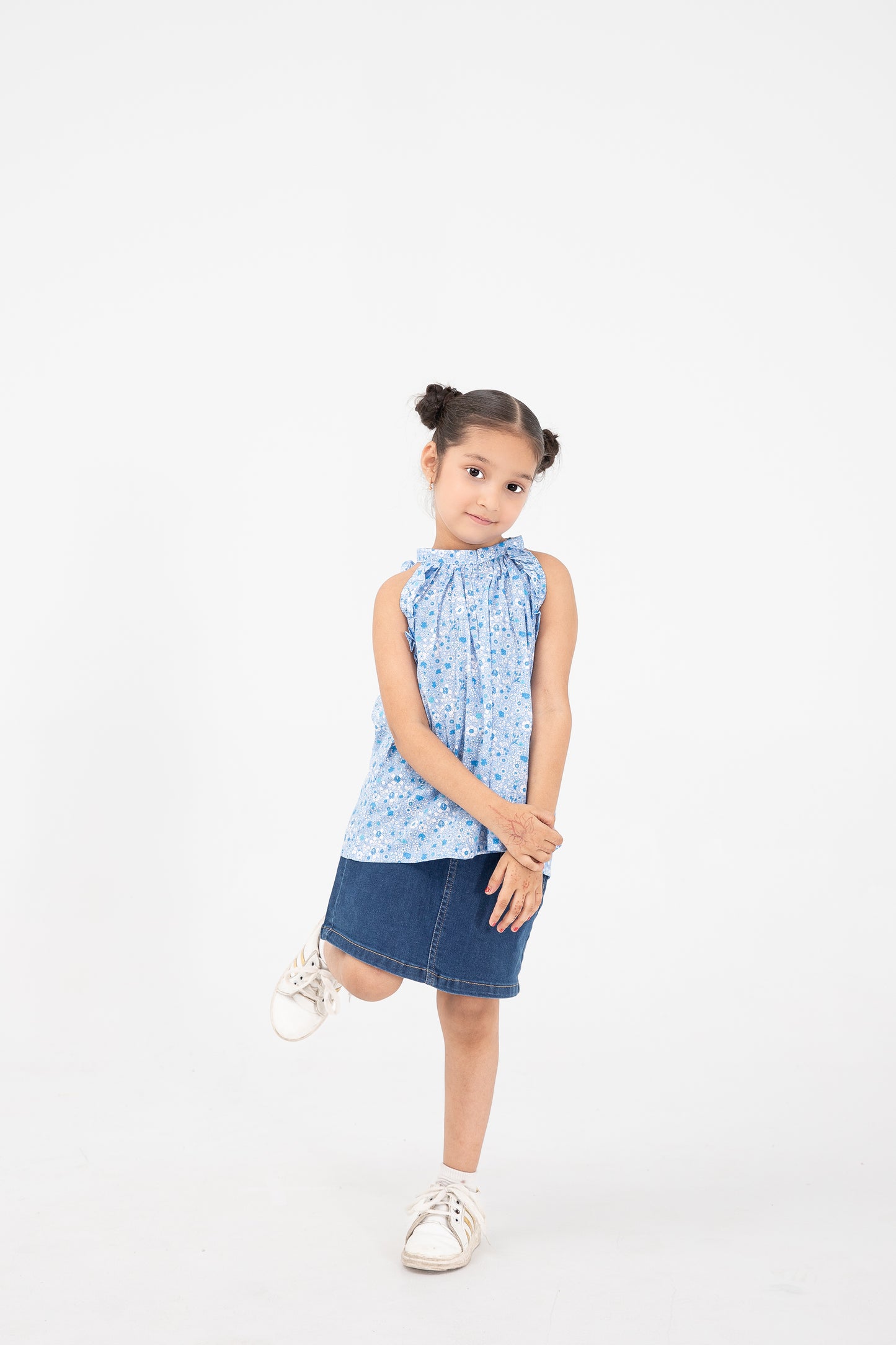 Blue Floral Printed Ruffle Top