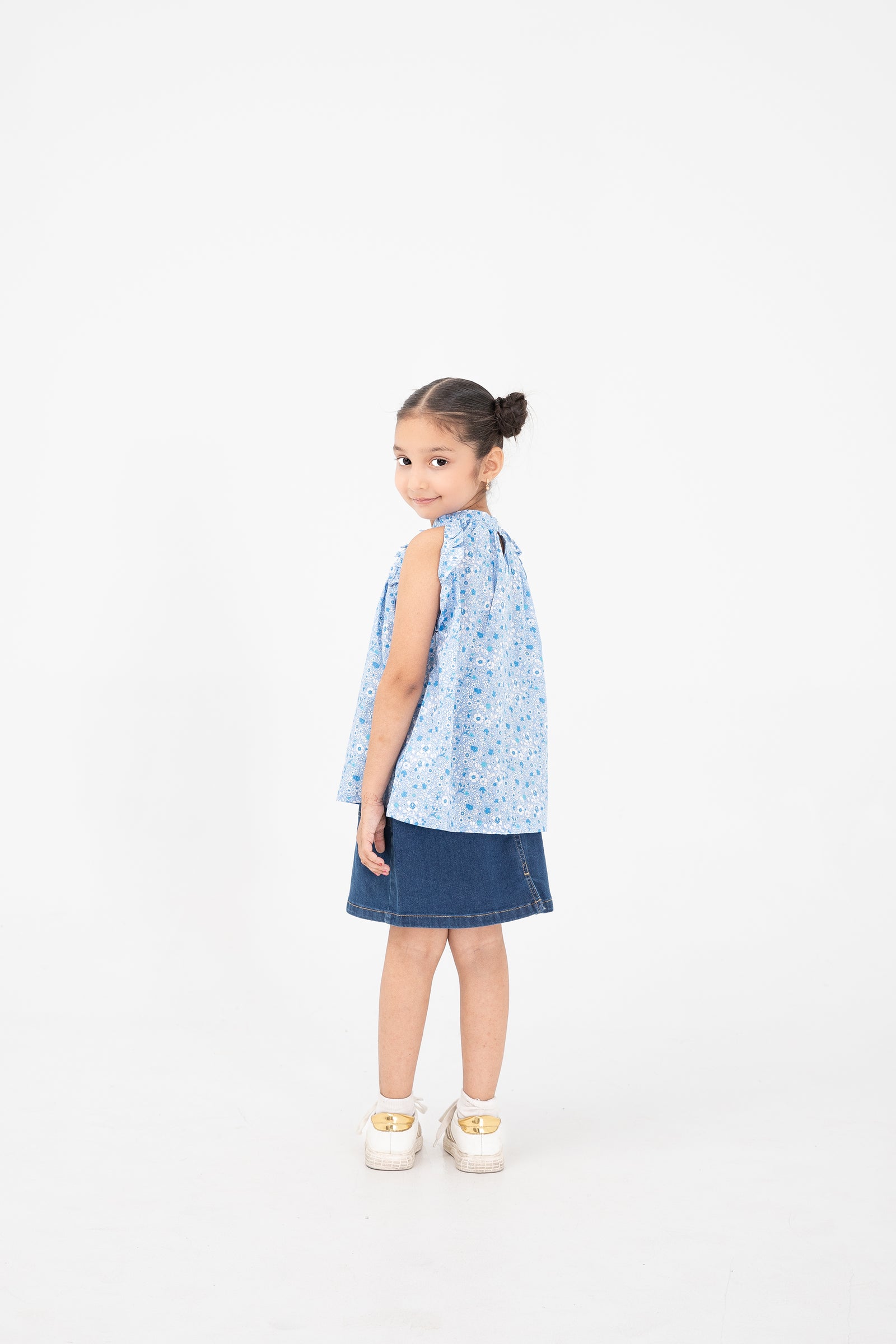 Blue Floral Printed Ruffle Top