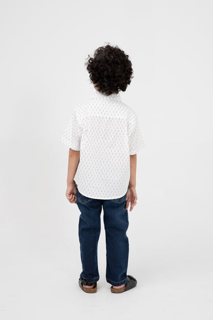 Boys White Crisp Printed Shirt