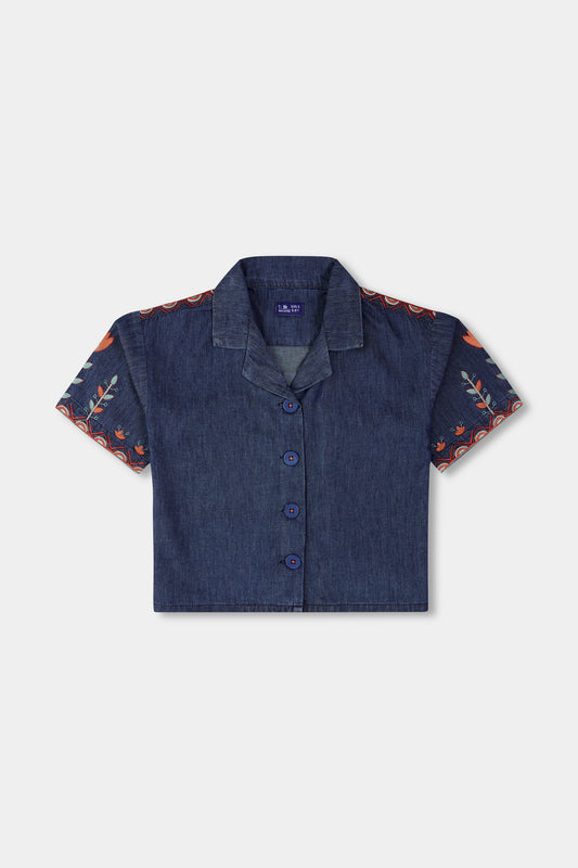 Blue Embroidered Crop Top