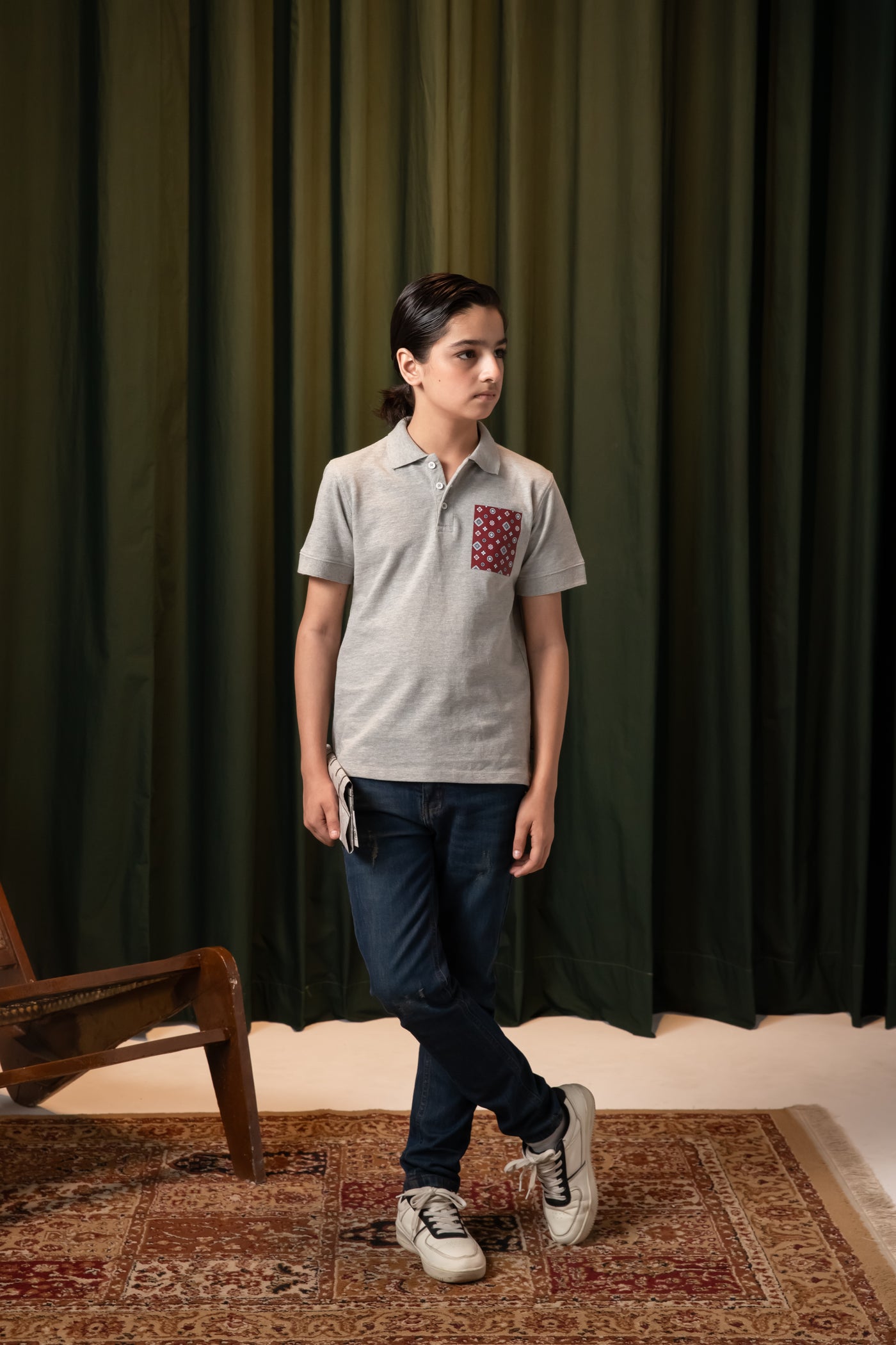 Grey Ajrak Boys Polo