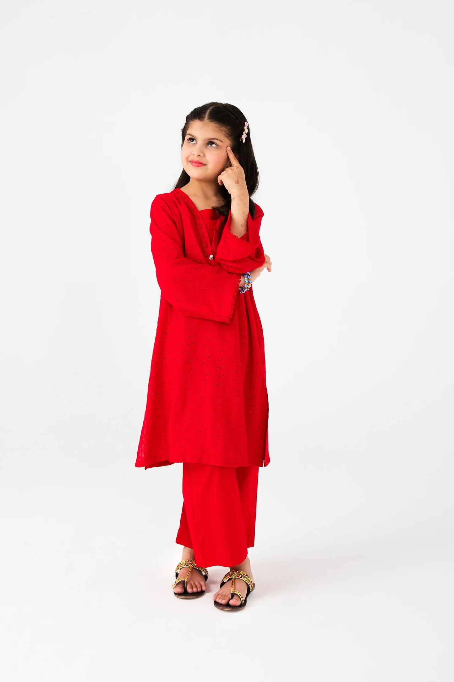 Red Chikankari Suit Set - 3pc