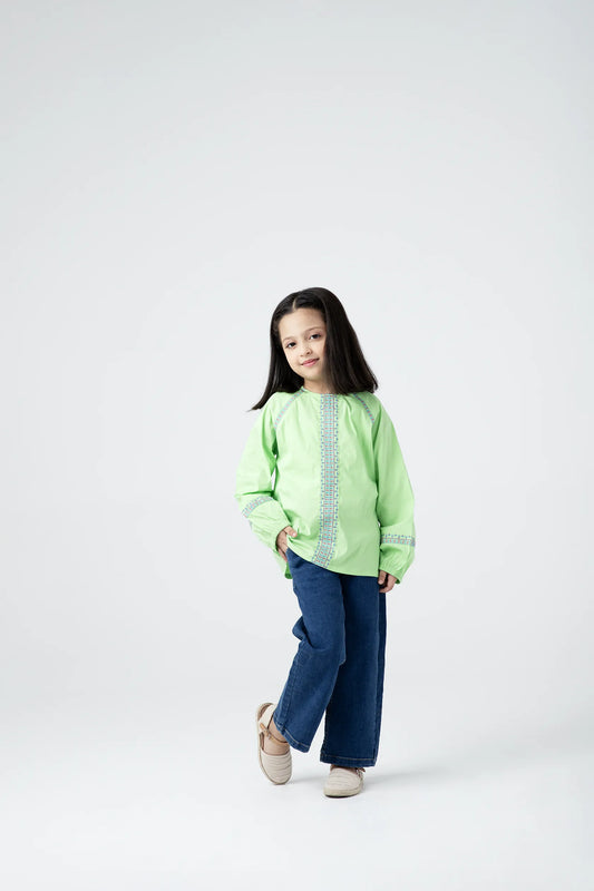 Green Embroidered Gathered Top