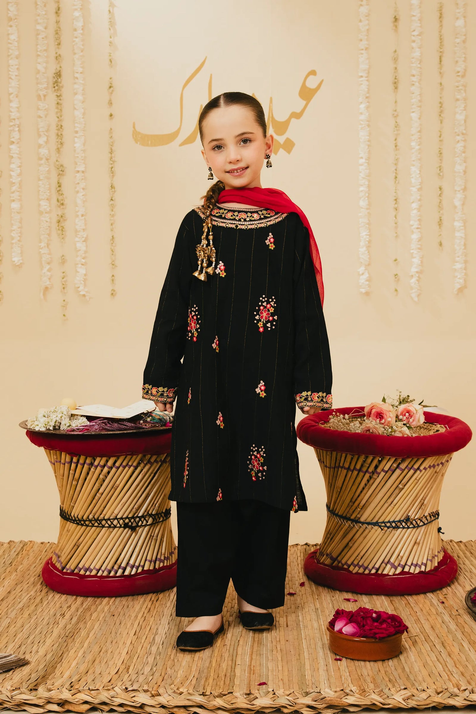 Girls Black Fancy Cotton Tilla Set - 3pc