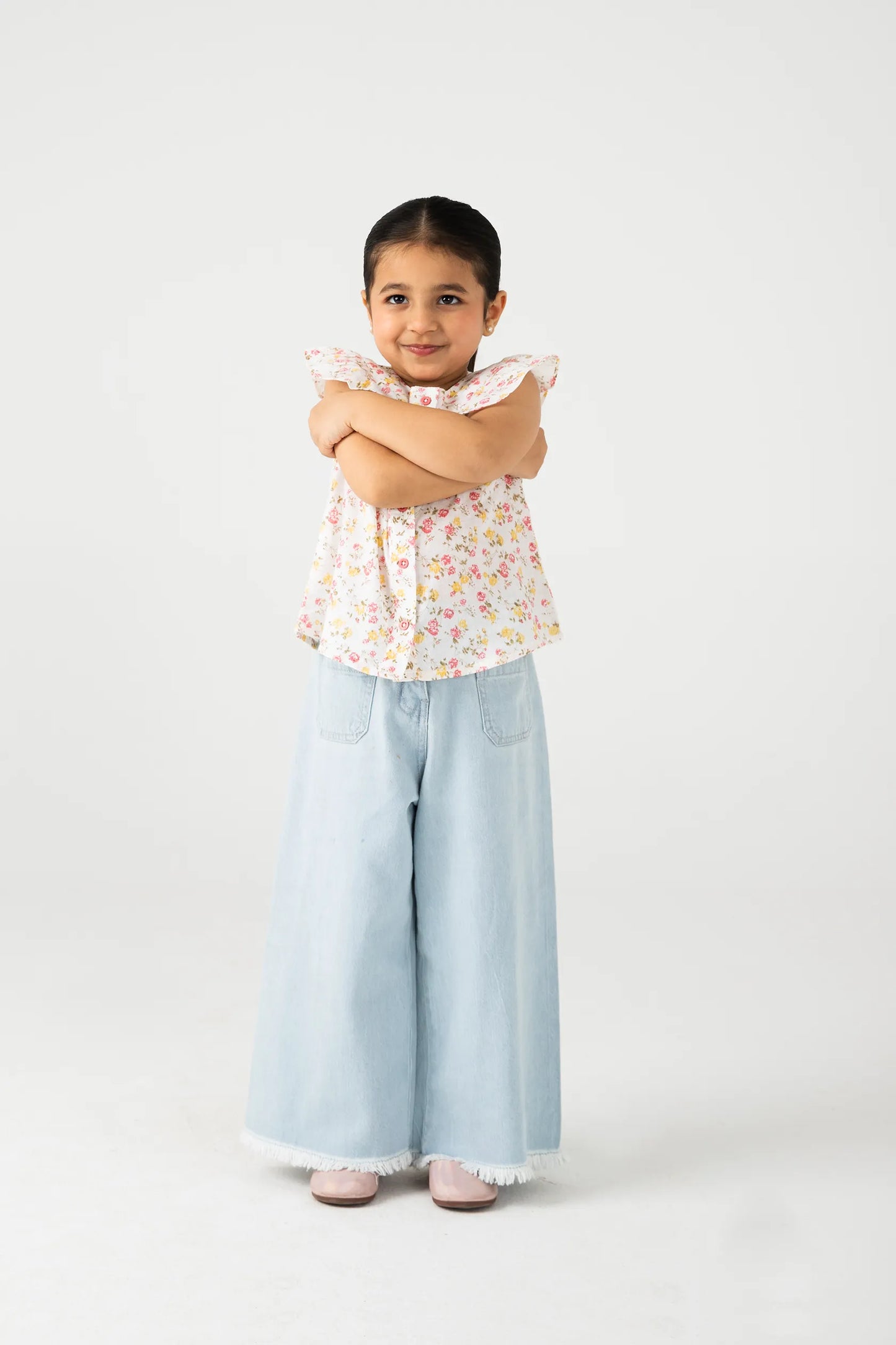 White Cotton Floral Button Top