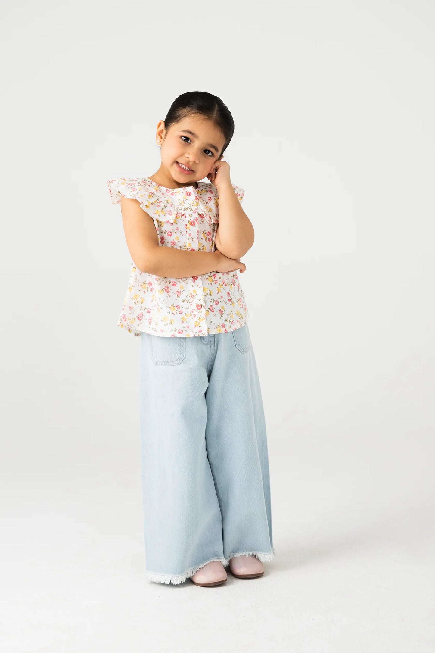White Cotton Floral Button Top
