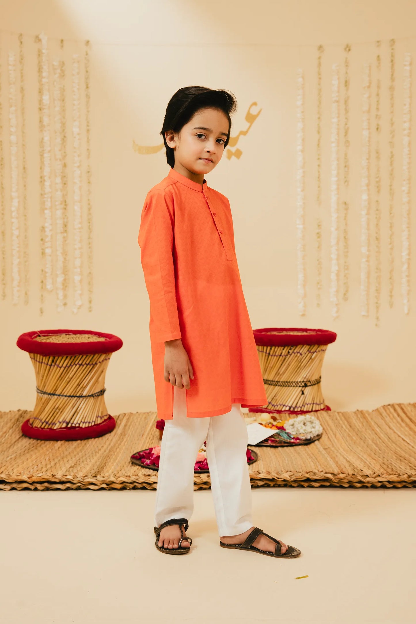 Boys Rust Jacquard Cotton Kurta