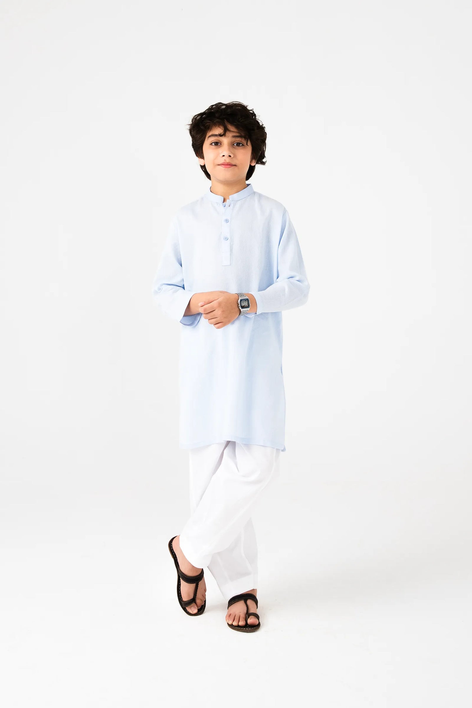 Boys Sky Blue Jacquard Cotton Kurta