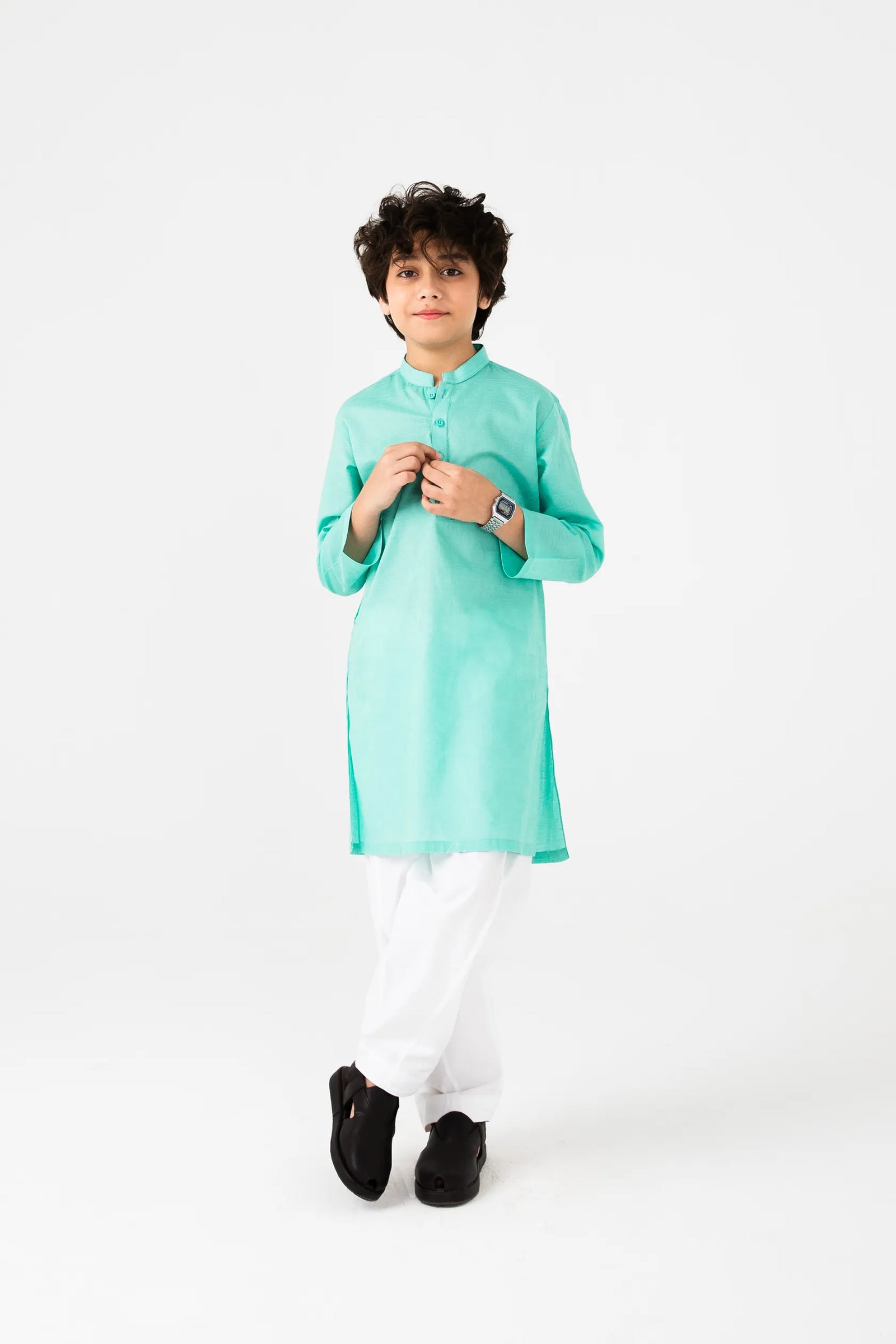 Boys Sea Green Cotton Jacquard Kurta