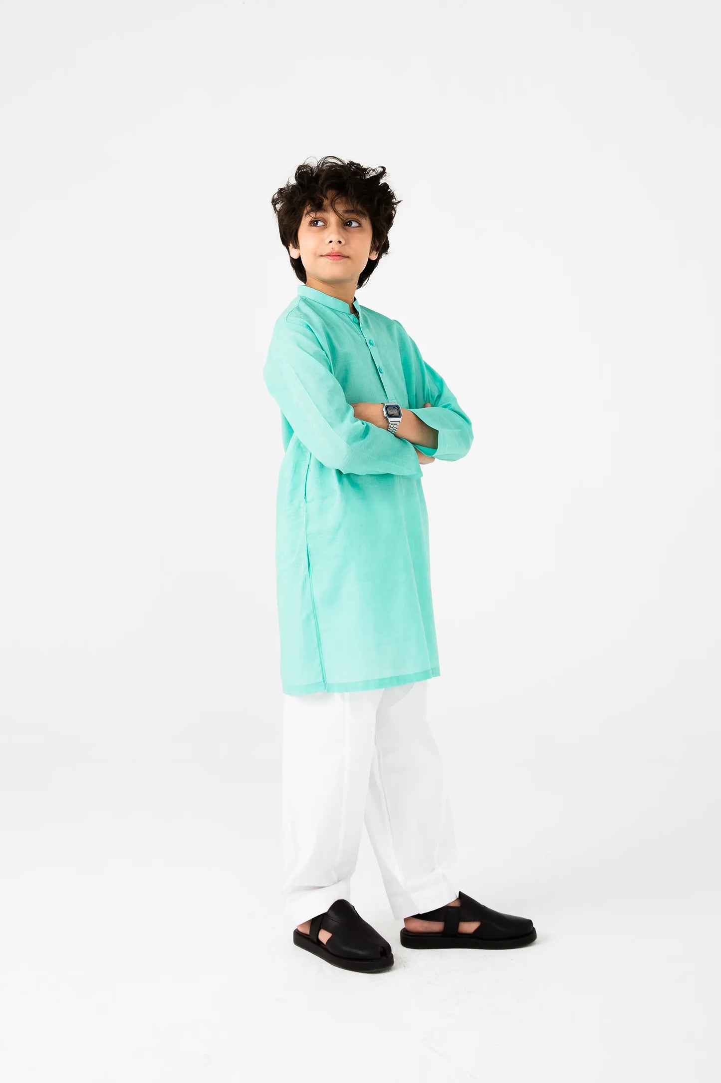 Boys Sea Green Cotton Jacquard Kurta