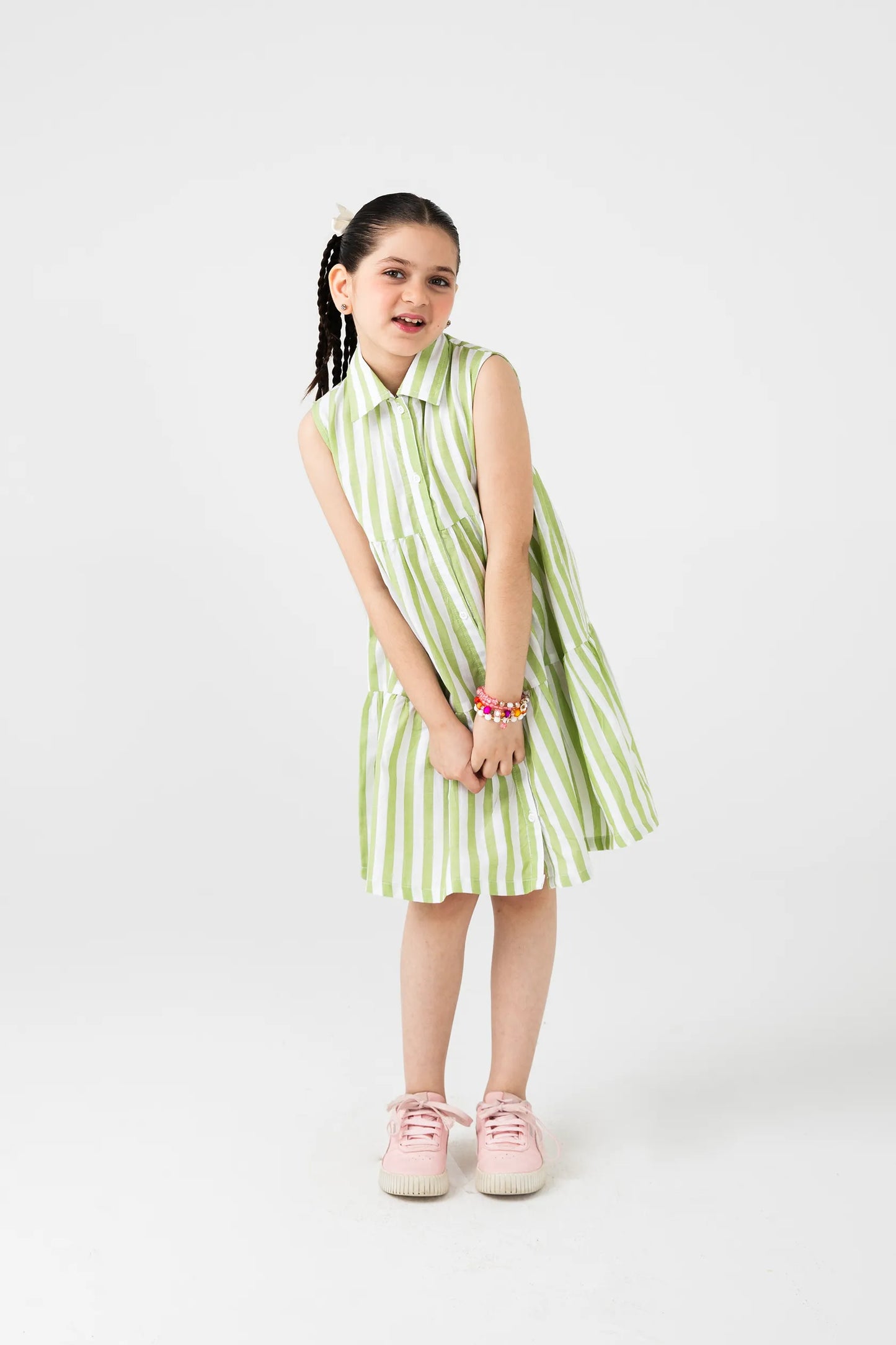 Green & White Striped Cotton Dress