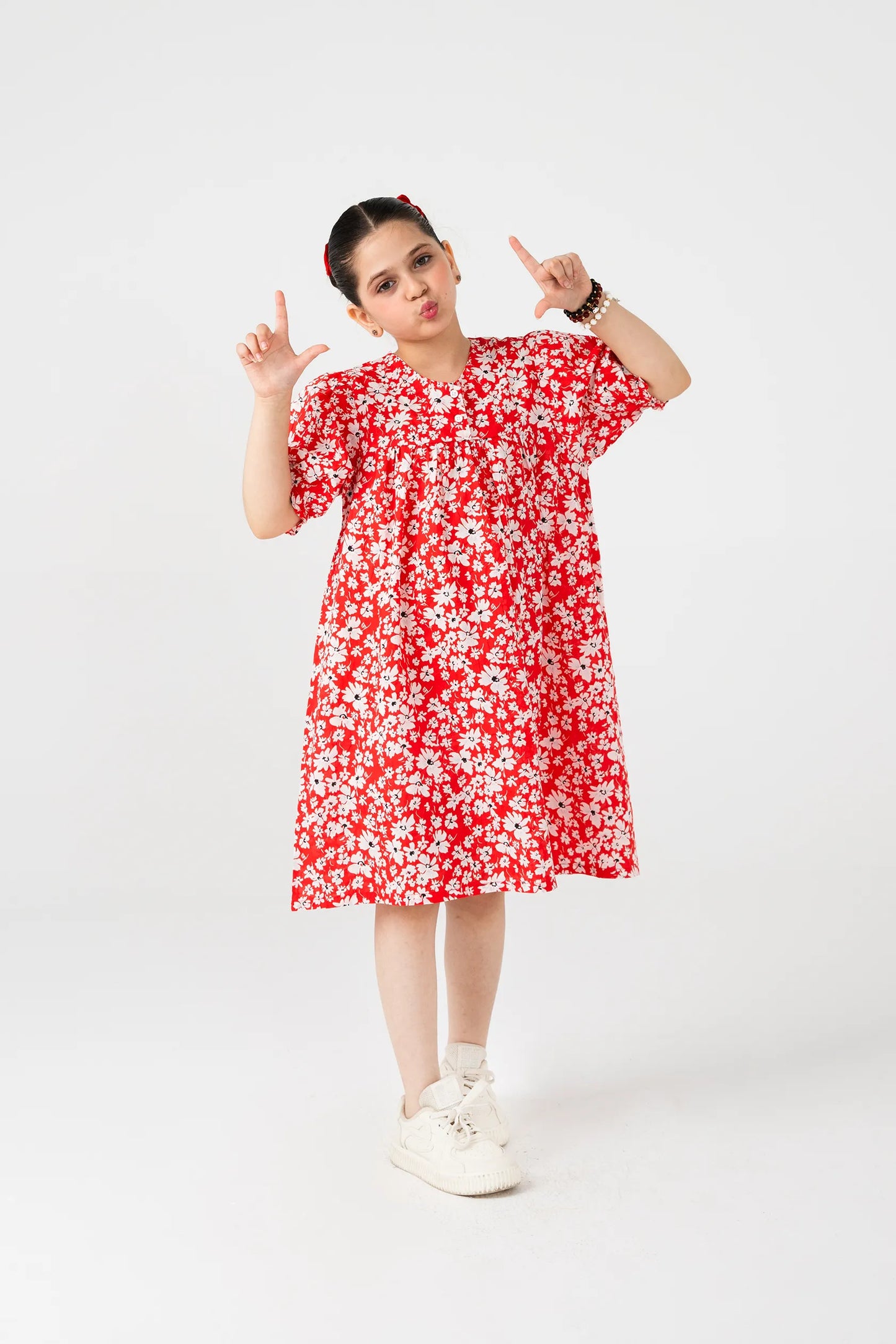 Red Puffy-Sleeve Cotton Dress