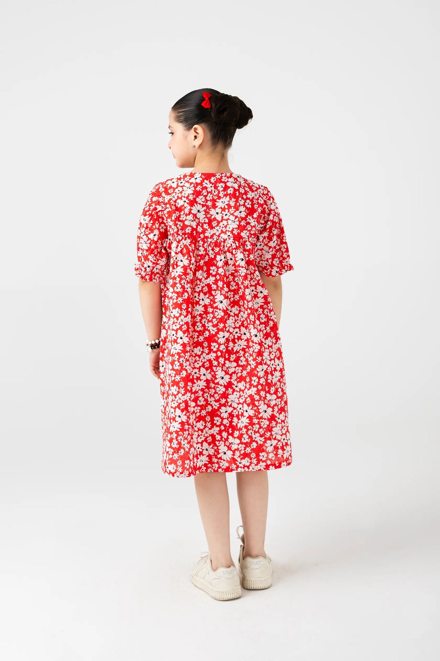 Red Puffy-Sleeve Cotton Dress