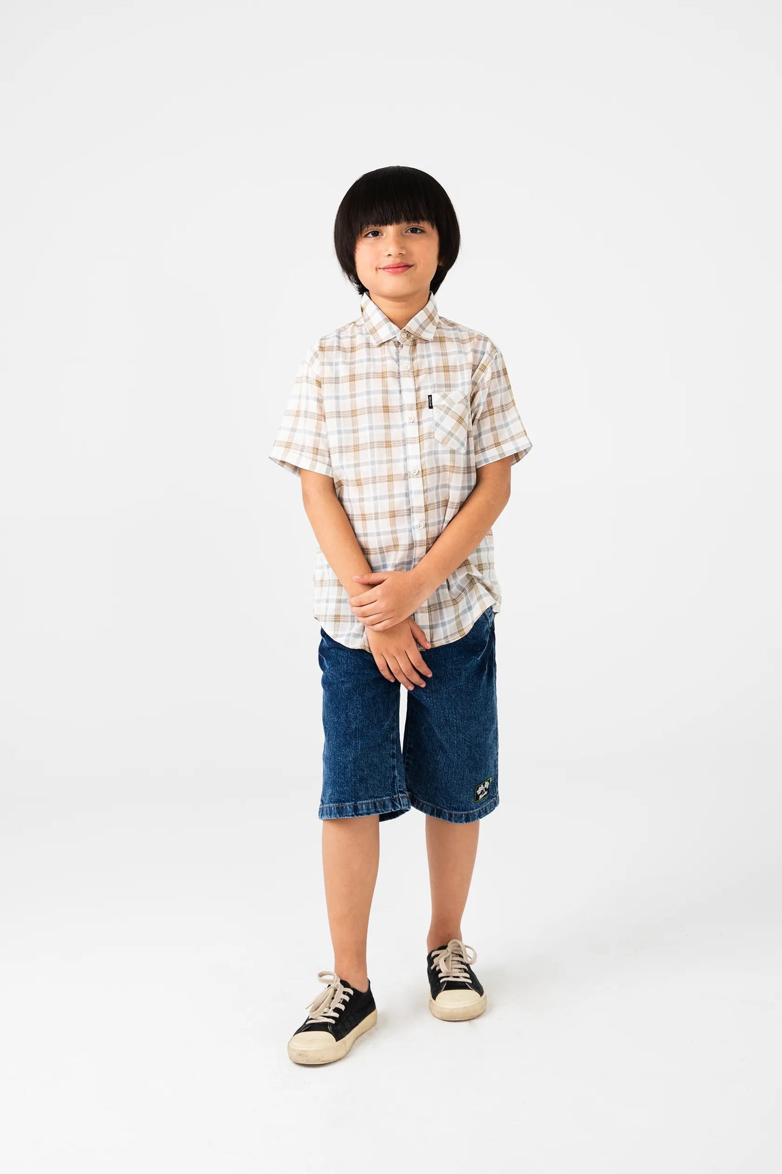 Boys Off-white Cotton Plaid Shirt