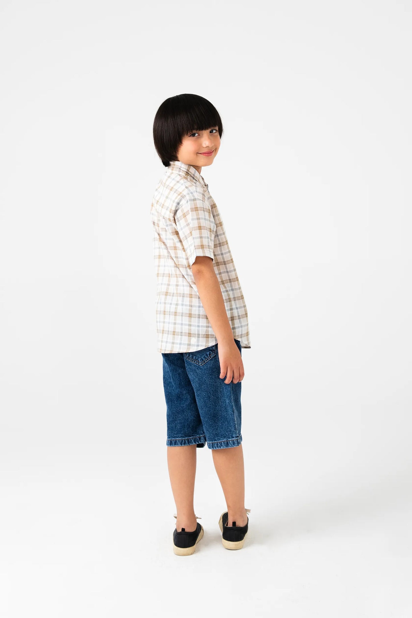 Boys Off-white Cotton Plaid Shirt