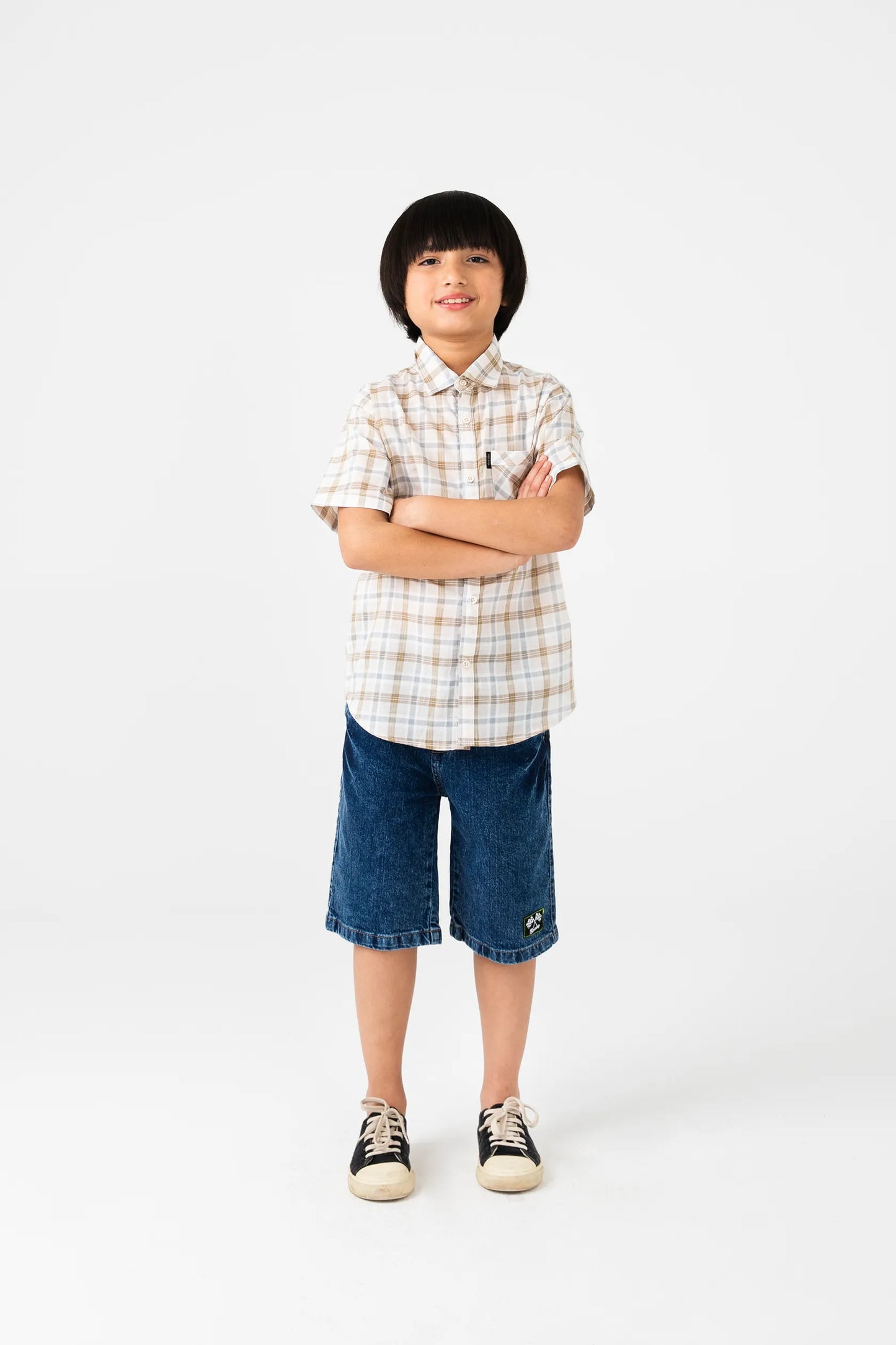 Boys Off-white Cotton Plaid Shirt