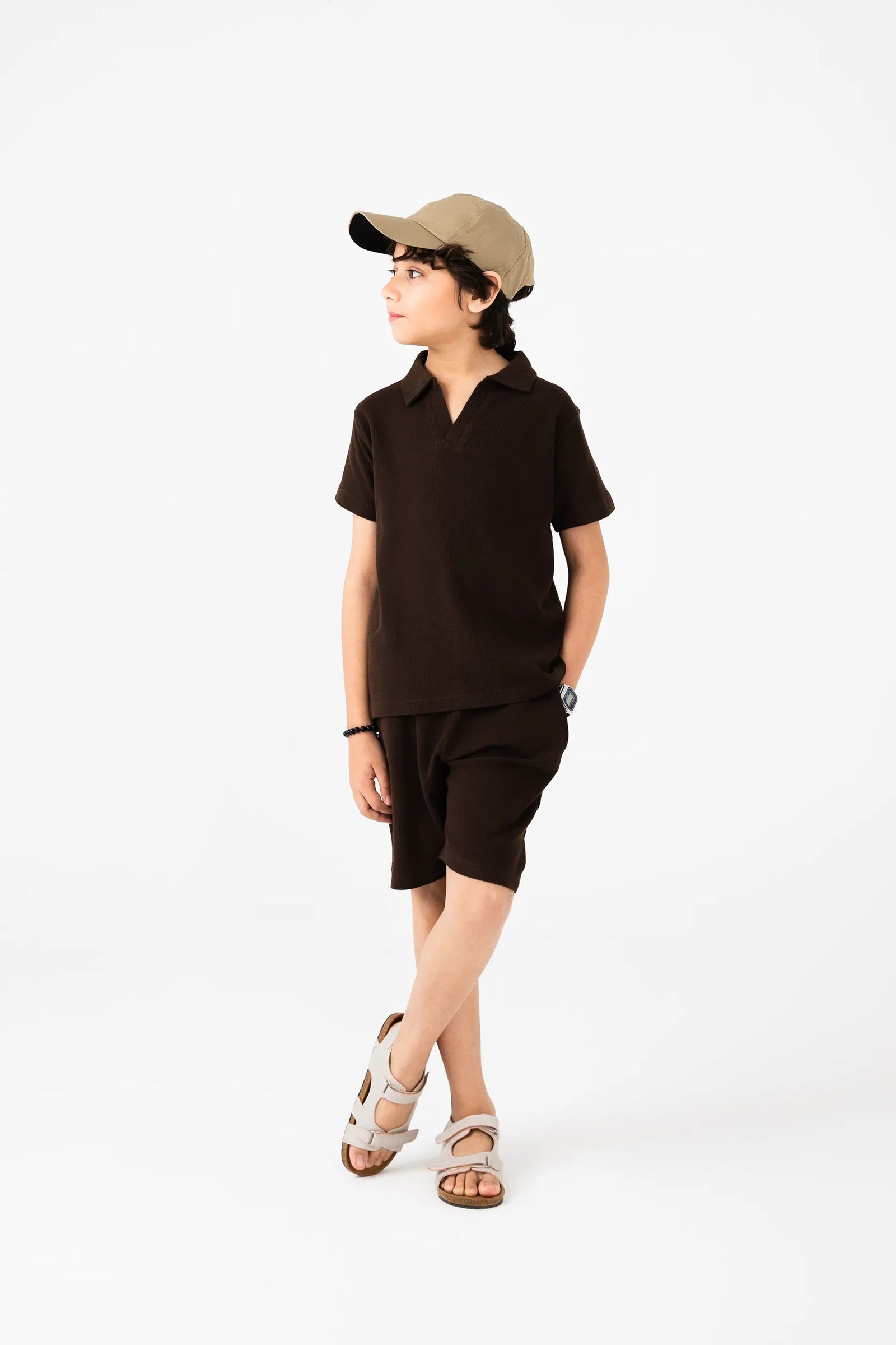 Boys Waffle Brown Polo Co-ord Set