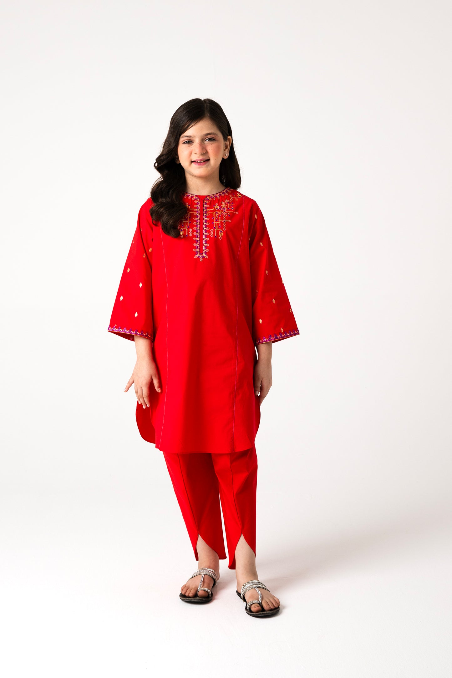 Festive Red Embroidered Cotton Kurta Shalwar - 2pc