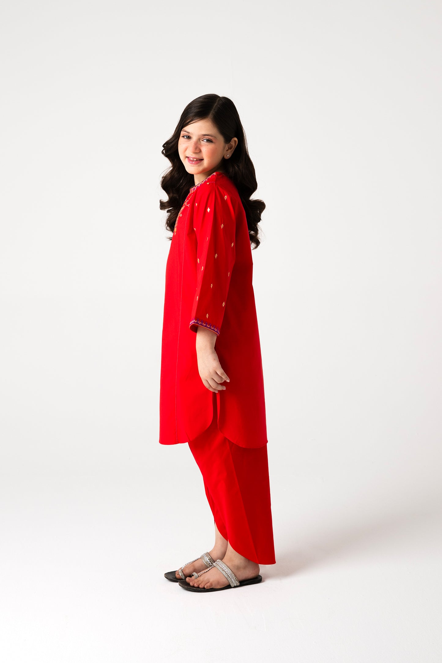 Festive Red Embroidered Cotton Kurta Shalwar - 2pc