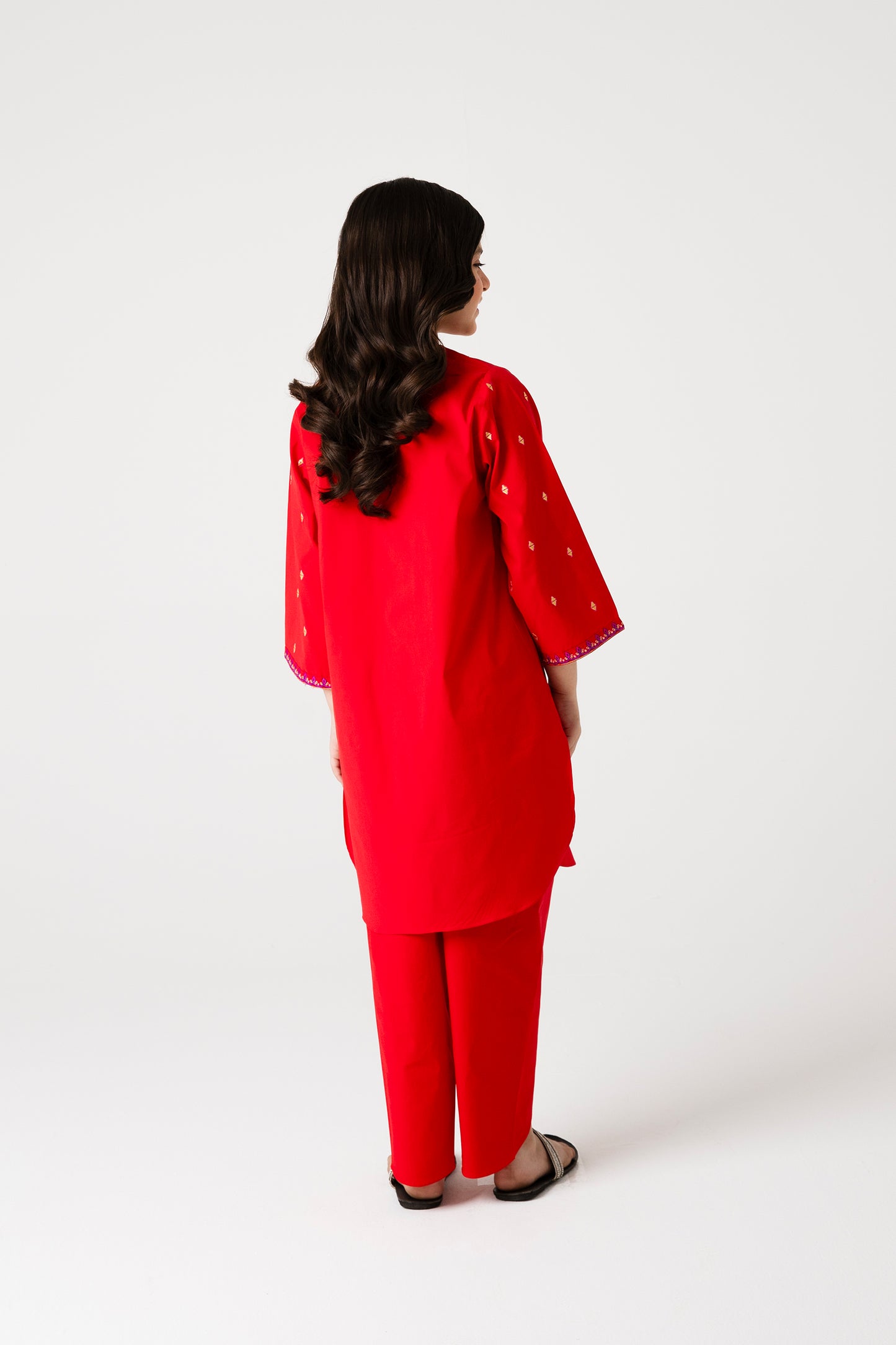 Festive Red Embroidered Cotton Kurta Shalwar - 2pc
