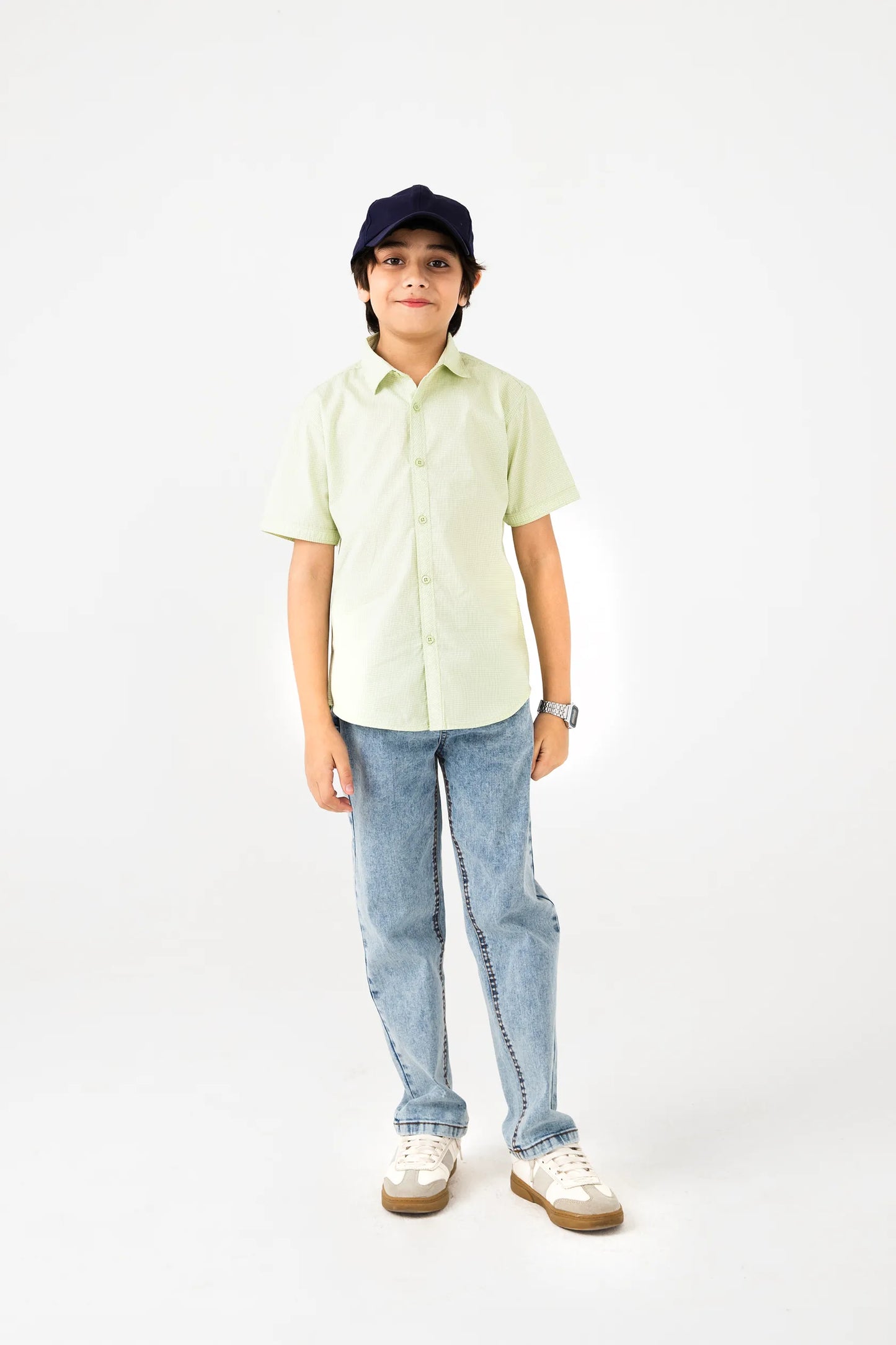 Boys Green Micro Checks Cotton Shirt